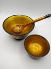 Vintage Folk Art Bo Ho  Khokhloma Bowls An Spoon Russian Gold Red Black Lacquer