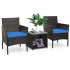 3 Pcs Pe Rattan Chairs tempered Glass Table W cushion Patio Bistro Furniture Set