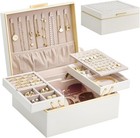 Large Jewelry Box 2 Layer Cream Leather Organizer Storage Case Women Girls Gift