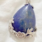 Lapis Lazuli Stone Teardrop Pendant Necklace Silver Tone Floral Rose Filigree