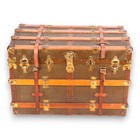 Flat Top Steamer Trunk Coffee Table Key Leather Trimmed Renovated Antique 1920 s