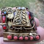 Antique Nepal Tibetan Brooch Elephant Coral Turquoise Red Glass Brass C Clasp