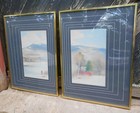 Vintage Pair Of Mid Century Modern Watercolors In Brass Frames