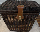 Vintage Wicker Sewing Basket Box Train Case Picnic Trunk Cloth Lined Cottagecore