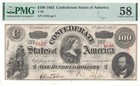1863  100 Confederate Note T-56 Pmg Au-58