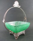 Green Vaseline Uranium Glass - Square Waffle Block - Bride s Basket  Berry Bowl