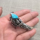 Native American Blue Turquoise Floral Feather Cuff Sterling Silver Bracelet