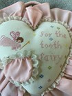 Vintage 7    Tooth Fairy Pillow Pink White Heart Ruffle Cross Stitched Door Hanger