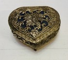 Vintage Heart Shaped Jewelry Trinket Box Gold Tone Blue Velvet Lined Footed Mint