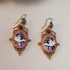 Vintage Victorian Enamel Bird Drop Earrings Gold Rhinestone Pink Floral Gift 