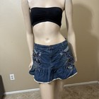 Women   s Blue Denim Cotton Casual Stretch Flared Ruffle Zipper Mini Size S Skirt