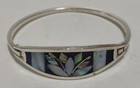 Vtg 1970s Mexico Alpaca Silver Hinged Bracelet Blue Abalone Inlay Handcrafted