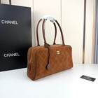 Brown Suede Quilted Travel Bag Smooth Leather Long Handle Casual Shoulder Tote