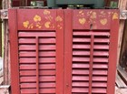 Vintage Pair Of Folk Art Painted Wood Louvered Shutters Red   Gold Ivy 32 x8 