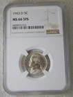 1943 D Jefferson Silver War Nickel 5c  Ngc Ms 66 5fs  Uncirculated Blast White  