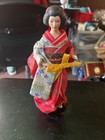 Vintage Traditional Japanese Geisha Doll Red Silk Floral Kimono W  Stand 11 