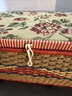 Vintage Woven Wicker Sewing Basket Floral Tapestry Padded Lid Red Satin Lining