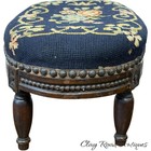 Antique French Victorian Carved Wood Oval Footstool Floral Needlepoint