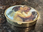 Vintage Kissing Cherubs Oval Enamel Gold Hinge Pill Box 2  Read