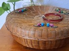 Vintage Chinese Wicker Round Sewing Basket Glass Beads Rings Coins 12   