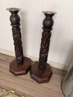 Antique Mahogany Barley Twist Candlestick Holders Pair 16  Carved Wood Pillars