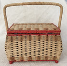          Vintage Wicker Woven Sewing Basket W notions Lot Hinged Lid   Handle         