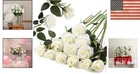 12pcs Long Stem Artificial Silk Roses Bouquet - Realistic Wedding Decor  White