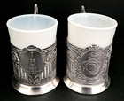 Vintage Russian Soviet Set Of 2 Silverplate Cup Holders With Glasses 1950s