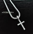 14k Gold Plated Tennis Chain Cross Pendant Cz Choker Necklace Iced Jewelry 5mm