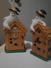 Lefton Vintage Halloween Ghosts On Outhouse Candle Holder Pair 1988 Cute