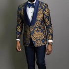 Navy Floral Jacquard Prom Men Suit For Wedding 2 Piece Slim Fit Groom Tuxedo
