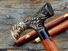 Vintage Heavy Victorian Brass Derby Head Handle Wooden Walking Stick Cane Style