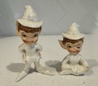 Vtg Christmas Lefton Pixie Elf Figurines Iridescent White Ceramic Pearlescent
