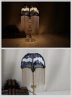 Blue Floral Crane Bird Fringe Fabric Dome Shade Table Lamp Gold Metal Base