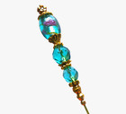 Hatpin With Stunning Aqua Glass And 2 Crystals On Old Brass Finish  - 8 Inch