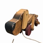 Vintage Wooden Pull Toy Dog Articulated Legs Red Wheels 10   