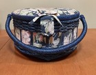 Vintage Heart Shaped Wicker Blue Floral Pattern Sewing Basket With Handle
