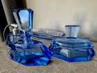 Vintage Art Deco Blue Glass Perfume Set With Picture On Brass Sheet