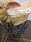 Antique Vintage Doll Stroller Pram Rabbitt Bunny Head Wicker Basket Iron Base