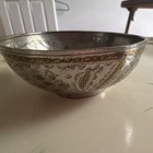 Antique Islamic Persian Tinned Copper Tas Bowl 19th C Hand Chased Inlay Basin