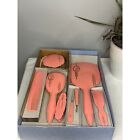 Vintage Rose Pink Vanity Set Brush Comb Mirror Manicure Tools Art Deco Mcm