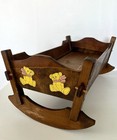 Vintage Rustic Handcrafted Wooden Baby Doll Solid Rocking Crib Cradle Bed Bears