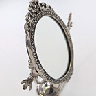 Vtg Victorian Style Silver Pedestal Oval Mirror Filigree Ornate Vanity Tabletop