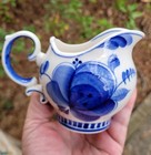 Vintage Russian Gzhel Porcelain Floral Creamer Hand Made Cobalt Blue And White 