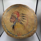 Antique Native American Rawhide Wood Large 16    Leather Drum Painted Artifact Vtg