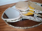 Matson White Wash Filigree Ormolu Hairbrush Hand Mirror Comb Vanity Tray Set