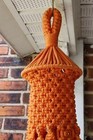 Lg 56  Vtg Boho Orange Macrame Hanging Plant Holders Hanger Wooden Beads Hippie