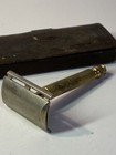 Antique Vintage 1920   s Razor Gold Gillette Double In Hard Brown Case