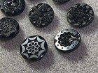 8 Antique Black Pressed Glass Buttons Geometric Patterns 14mm Please Read