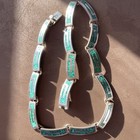 Vintage Sterling Silver Inlaid Malachite  Heavy Rectangular Link Necklace Mexico